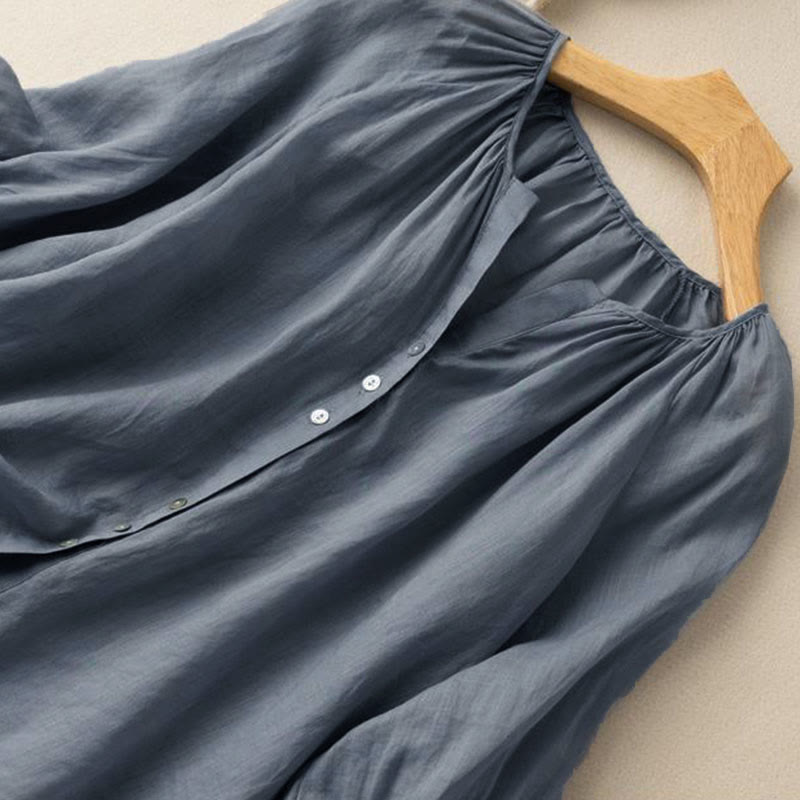 Koszula damska z bawełny w stylu vintage z bufiastymi rękawami i dekoltem w serek, z motywem Buddha Stones - image 4