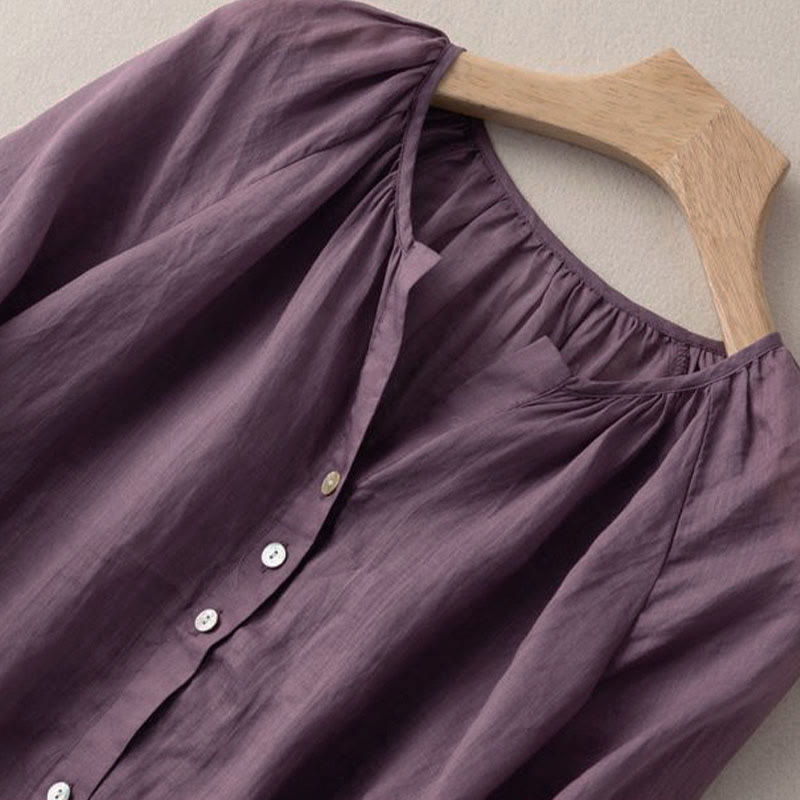 Koszula damska z bawełny w stylu vintage z bufiastymi rękawami i dekoltem w serek, z motywem Buddha Stones - image 6