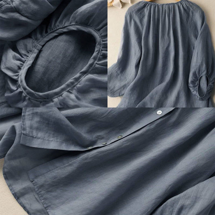 Koszula damska z bawełny w stylu vintage z bufiastymi rękawami i dekoltem w serek, z motywem Buddha Stones - image 5