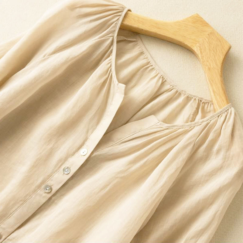 Koszula damska z bufiastymi rękawami i dekoltem w serek, zapinana na trzy czwarte, z motywem Buddha Stones - image 11