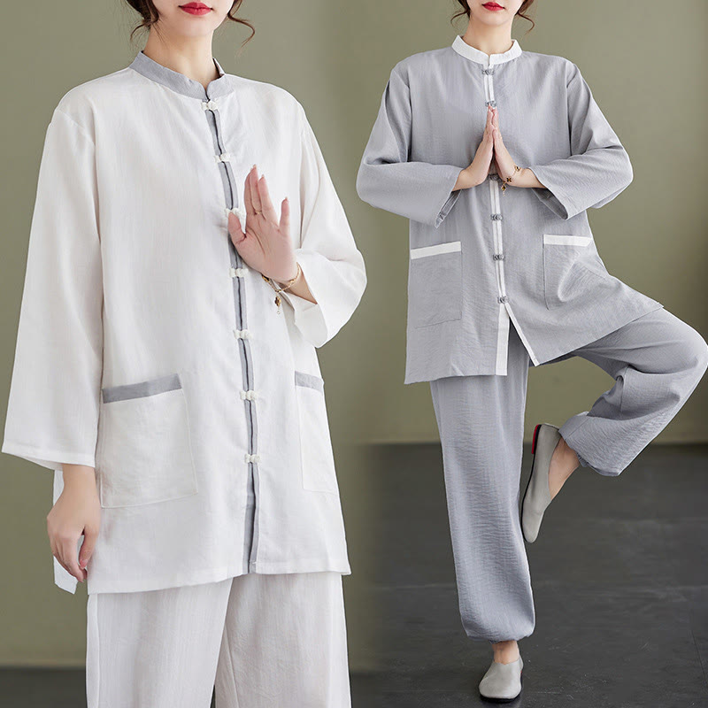 Buddha Stones 2 szt. Bawełniana koszulka do Tai Chi, spodnie, medytacja, odzież zen, zestaw damski - image 18