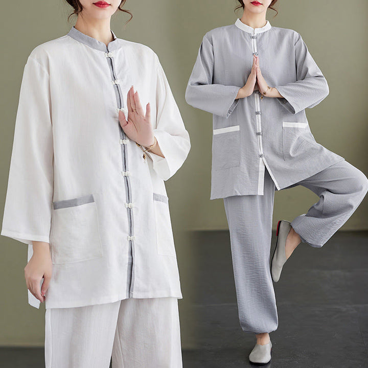 Buddha Stones 2 szt. Bawełniana koszulka do Tai Chi, spodnie, medytacja, odzież zen, zestaw damski - image 18