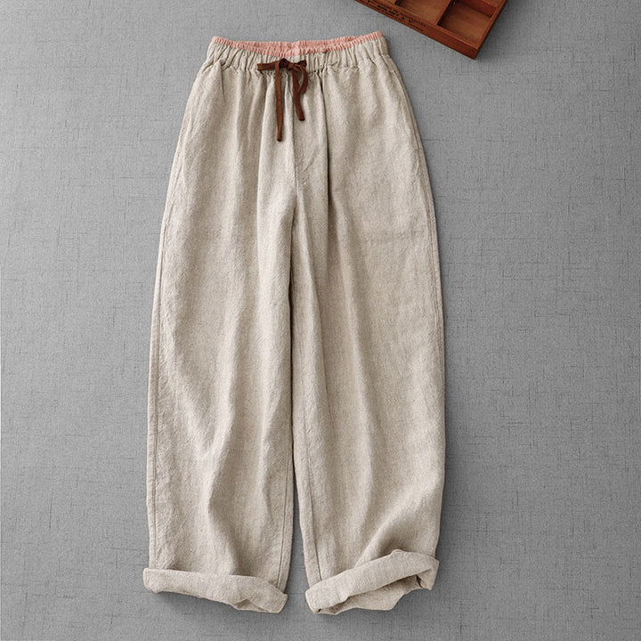 Spodnie damskie z bawełny i lnu z kieszeniami, codzienne, ściągane sznurkiem, proste wzornictwo, z Buddha Stones - Beżowy - US8-10，UK/AU12-14，EU40-42 (2XL) - image 0