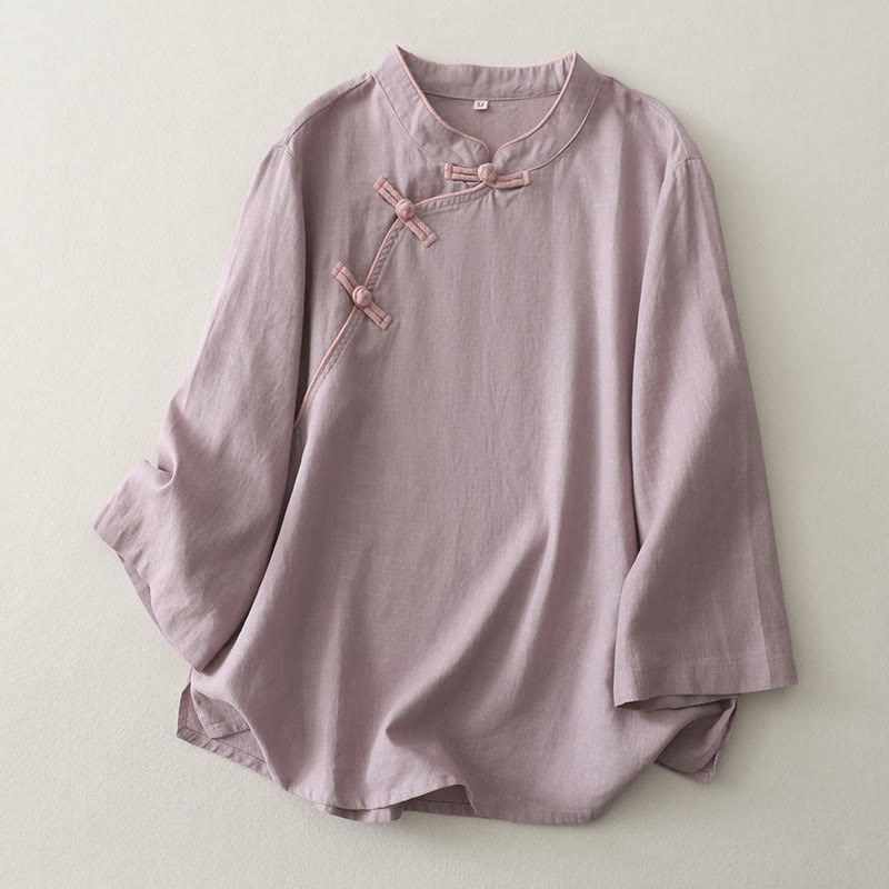 Koszula damska z bawełny i lnu z Buddha Stones , prosta, ze skośnymi guzikami - Oset - US12, UK/AU16, EU44 (2XL) - image 3