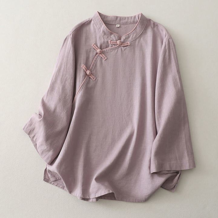 Koszula damska z bawełny i lnu z Buddha Stones , prosta, ze skośnymi guzikami - Oset - US12, UK/AU16, EU44 (2XL) - image 3