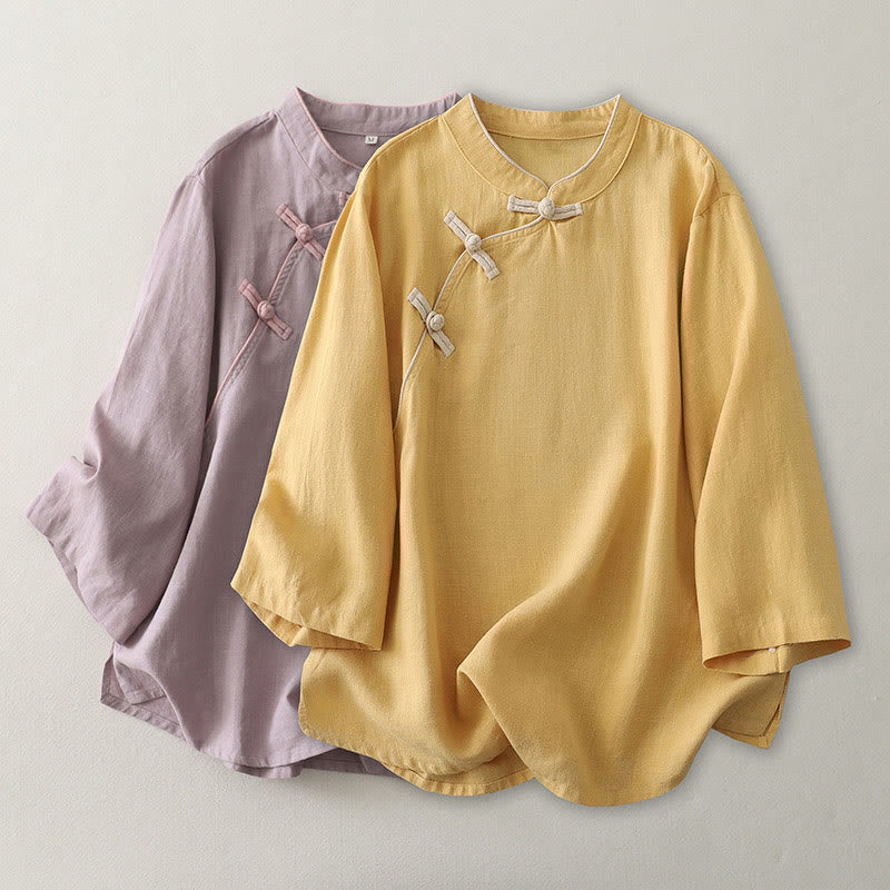 Koszula damska z bawełny i lnu z Buddha Stones , prosta, ze skośnymi guzikami - image 8