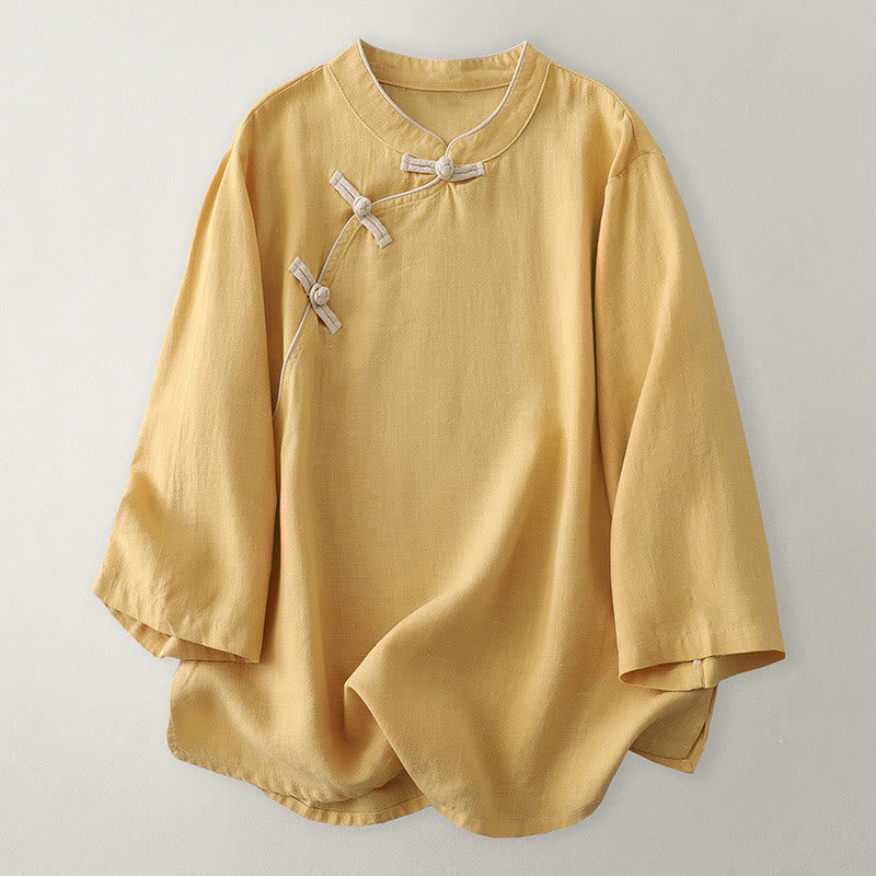 Koszula damska z bawełny i lnu z Buddha Stones , prosta, ze skośnymi guzikami - Złoto - US12, UK/AU16, EU44 (2XL) - image 1