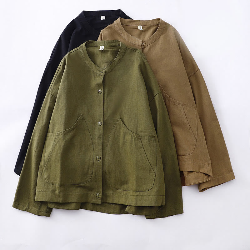 Kurtka damska z długim rękawem i kieszeniami z bawełny w jednolitym kolorze z Buddha Stones - image 23