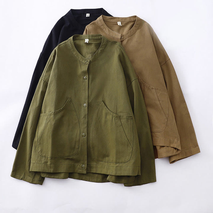 Kurtka damska z długim rękawem i kieszeniami z bawełny w jednolitym kolorze z Buddha Stones - image 23