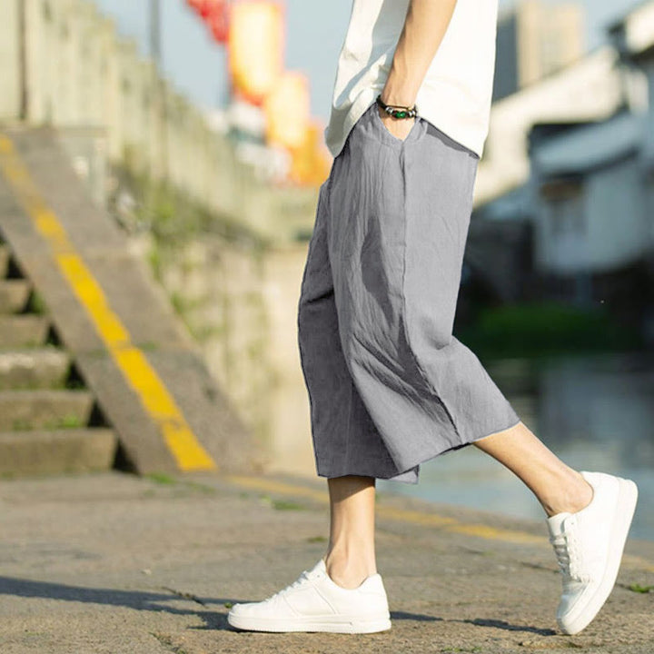 Spodnie męskie lniane z bawełny i kieszeniami, długość 7-8, z nadrukiem Buddha Stones, letnie, proste, plisowane, ze ściągaczem - image 1