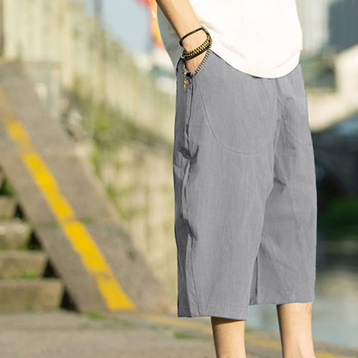 Spodnie męskie lniane z bawełny i kieszeniami, długość 7-8, z nadrukiem Buddha Stones, letnie, proste, plisowane, ze ściągaczem - image 2