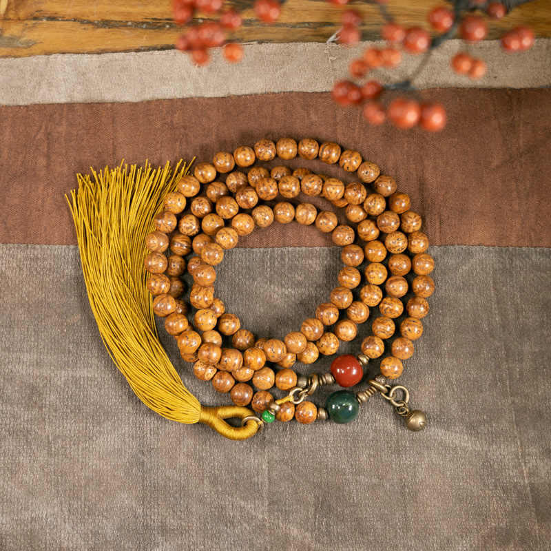 Buddha Stones 108 Koraliki Mala Bodhi Nasiona Mądrości Spokoju Bransoletka z Chwostem - 18 cm - image 1