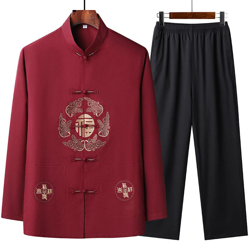 Buddha Stones Chiński Nowy Rok Haftowany Fu Tang Garnitur Hanfu Długi Rękaw Spodnie Odzież Męski Zestaw - Czerwony - US/UK/AU44， EU54 (4XL) - image 0