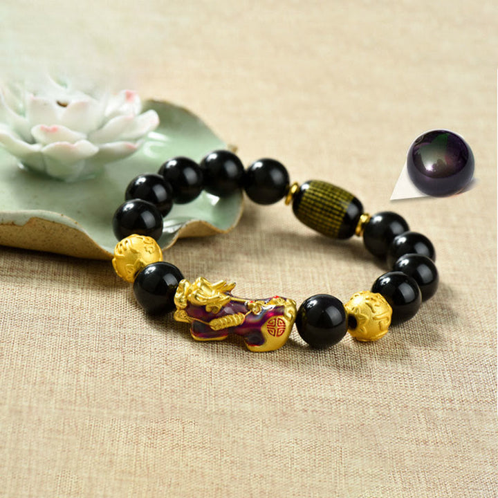 Bransoletka z Buddha Stones Fengshui, miedzi PiXiu, tęczowych koralików obsydianowych i bogactwa - Om Mani Padme Hum i zmieniający kolor PiXiu(obwód nadgarstka: 18-19 cm) - image 10