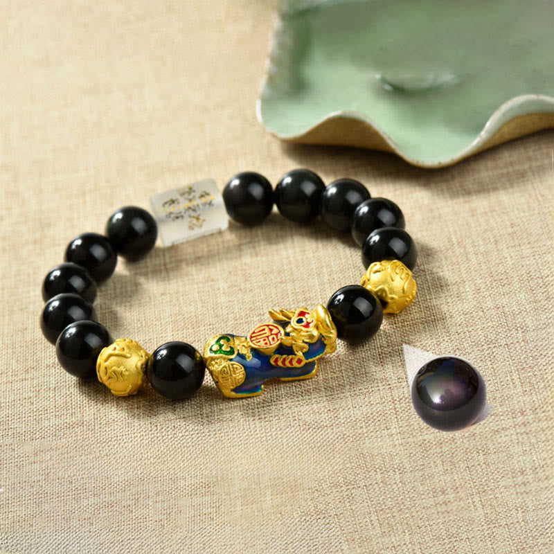 Bransoletka z Buddha Stones Fengshui, miedzi PiXiu, tęczowych koralików obsydianowych i bogactwa - Om Mani Padme Hum & Fu Character & Color-changing PiXiu(Wrist circumference: 18-19cm) - image 1