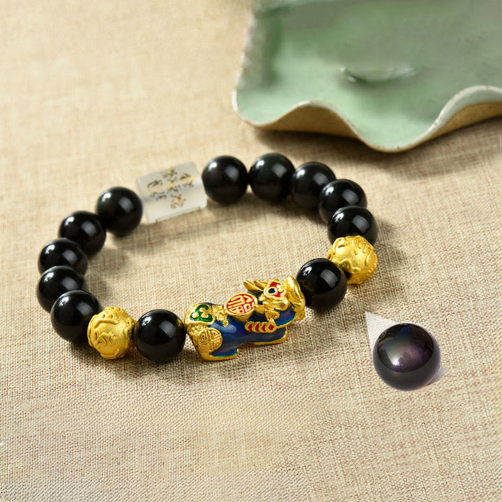 Bransoletka z Buddha Stones Fengshui, miedzi PiXiu, tęczowych koralików obsydianowych i bogactwa - Om Mani Padme Hum & Fu Character & Color-changing PiXiu(Wrist circumference: 18-19cm) - image 1