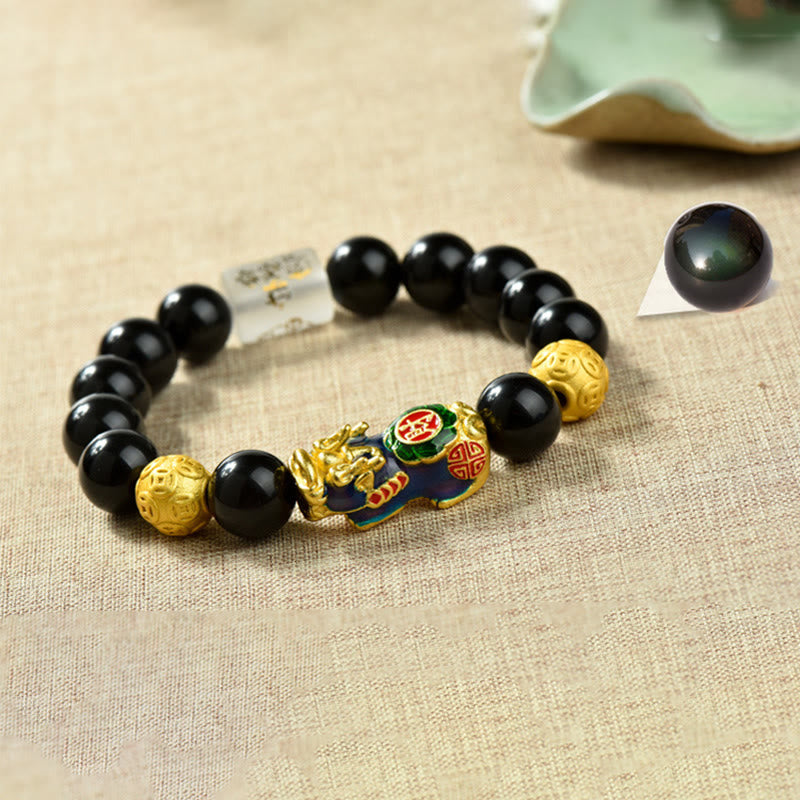 Bransoletka z Buddha Stones Fengshui, miedzi PiXiu, tęczowych koralików obsydianowych i bogactwa - Om Mani Padme Hum & Fortune & Color-changing PiXiu(Wrist circumference:18-19cm) - image 14