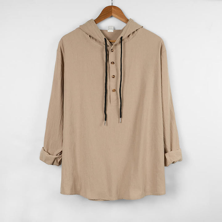 Koszula męska z kapturem i długim rękawem z bawełny w jednolitym kolorze z Buddha Stones, zapinana na pół guziki - Beżowy - US/UK/AU46， EU56 (3XL) - image 12