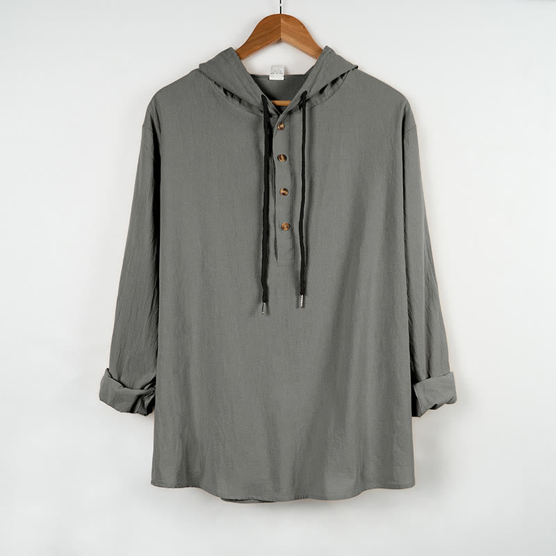 Koszula męska z kapturem i długim rękawem z bawełny w jednolitym kolorze z Buddha Stones, zapinana na pół guziki - Ciemnoszary - US/UK/AU46， EU56 (3XL) - image 9