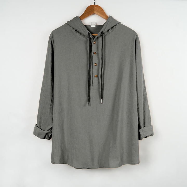 Koszula męska z kapturem i długim rękawem z bawełny w jednolitym kolorze z Buddha Stones, zapinana na pół guziki - Ciemnoszary - US/UK/AU46， EU56 (3XL) - image 10