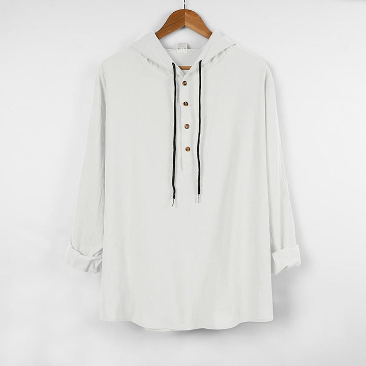 Koszula męska z kapturem i długim rękawem z bawełny w jednolitym kolorze z Buddha Stones, zapinana na pół guziki - Biały - US/UK/AU46， EU56 (3XL) - image 6