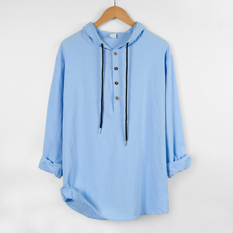Koszula męska z kapturem i długim rękawem z bawełny w jednolitym kolorze z Buddha Stones, zapinana na pół guziki - LightSkyBlue - US/UK/AU46， EU56 (3XL) - image 0
