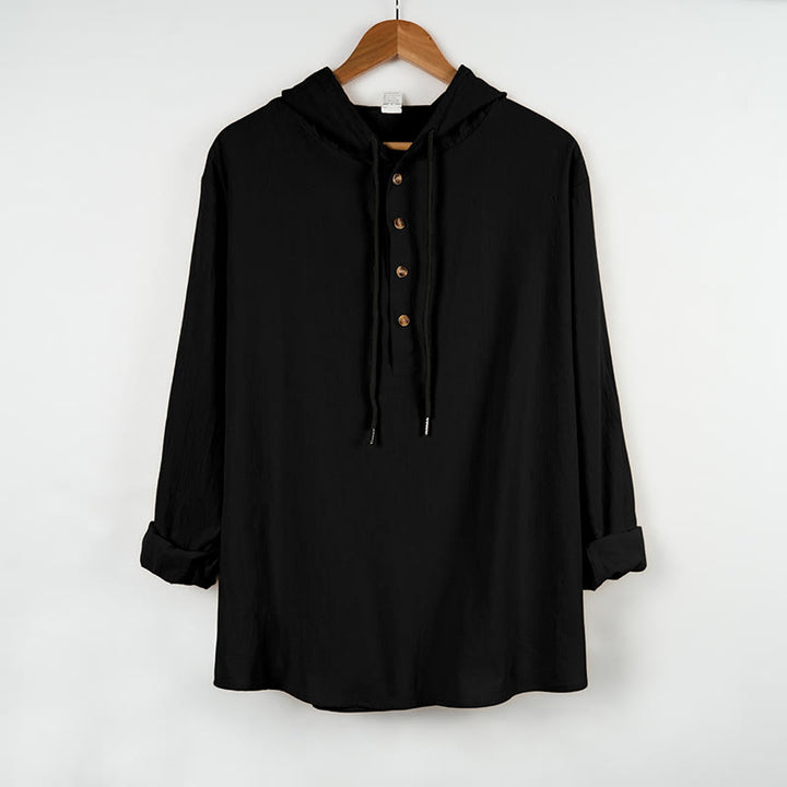 Koszula męska z kapturem i długim rękawem z bawełny w jednolitym kolorze z Buddha Stones, zapinana na pół guziki - Czarny - US/UK/AU46， EU56 (3XL) - image 7