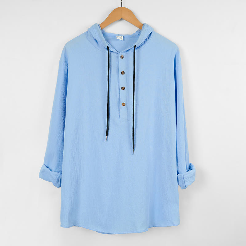 Koszula męska z kapturem i długim rękawem z bawełny w jednolitym kolorze z Buddha Stones, zapinana na pół guziki - image 1