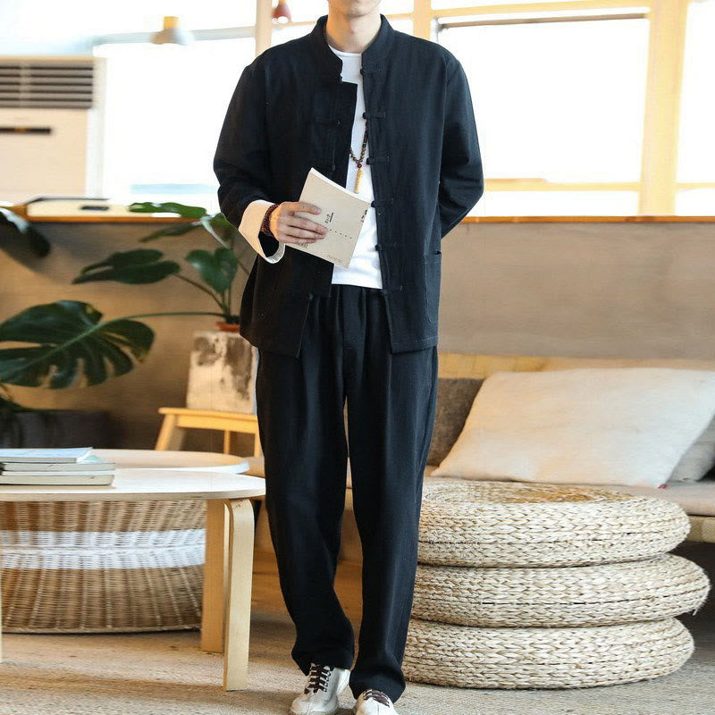 Buddha Stones 2 szt. Zen Tang Suit męski zestaw koszul z długim rękawem i kieszeniami zapinany na guziki żaby - image 19