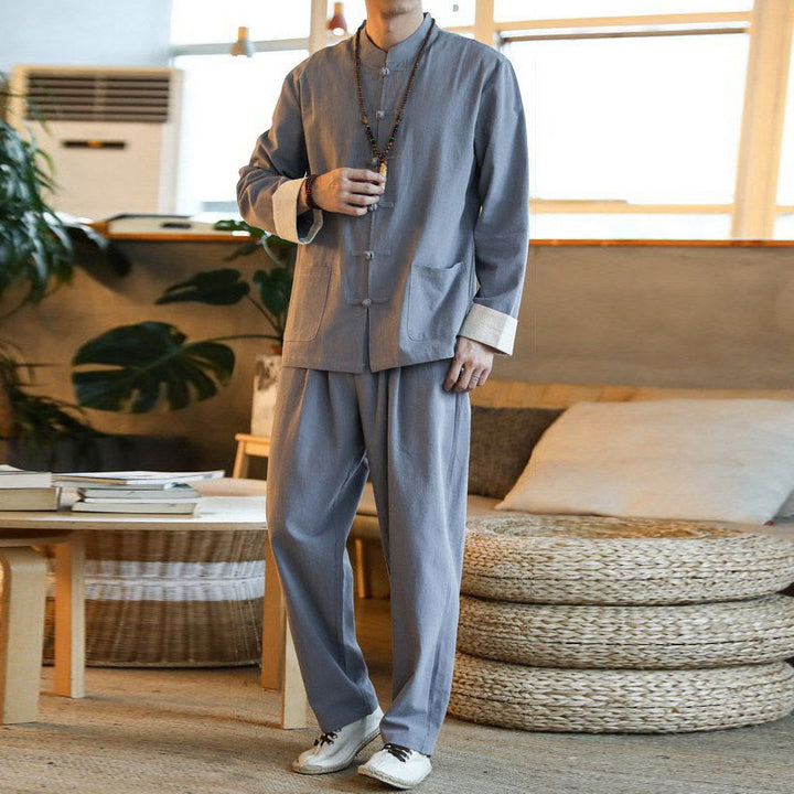 Buddha Stones 2 szt. Zen Tang Suit męski zestaw koszul z długim rękawem i kieszeniami zapinany na guziki żaby - image 5