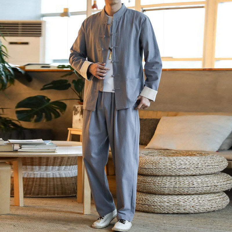 Buddha Stones 2 szt. Zen Tang Suit męski zestaw koszul z długim rękawem i kieszeniami zapinany na guziki żaby - Szary - US/UK/AU44，EU54 (5XL) - image 0