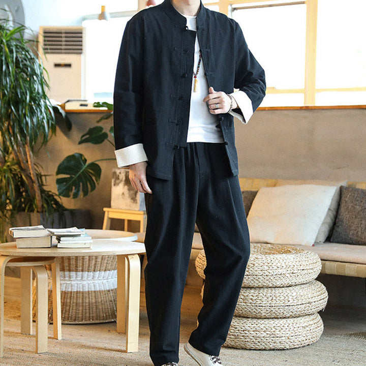 Buddha Stones 2 szt. Zen Tang Suit męski zestaw koszul z długim rękawem i kieszeniami zapinany na guziki żaby - image 18