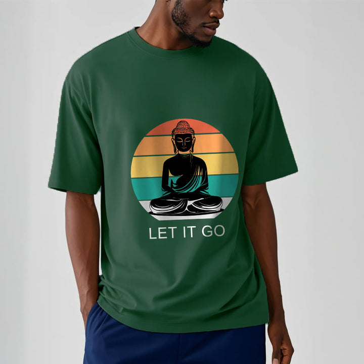 Koszulka z nadrukiem "Buddha Stones" w paski, swobodna, kolorowa, z motywem medytującego Buddy - image 2