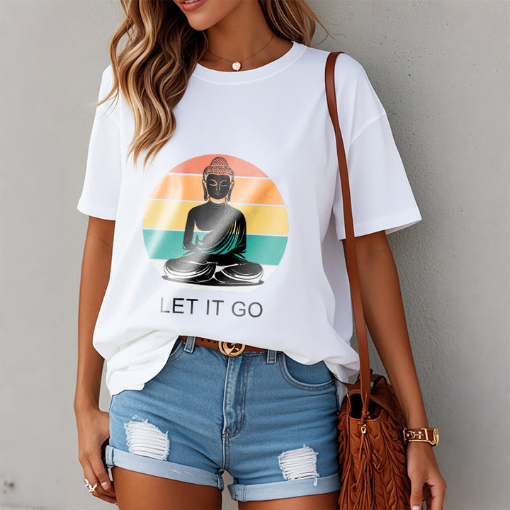 Koszulka z nadrukiem "Buddha Stones" w paski, swobodna, kolorowa, z motywem medytującego Buddy - image 10