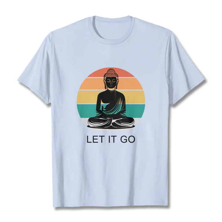 Koszulka z nadrukiem "Buddha Stones" w paski, swobodna, kolorowa, z motywem medytującego Buddy - Jasnoniebieski - 2XL - image 19