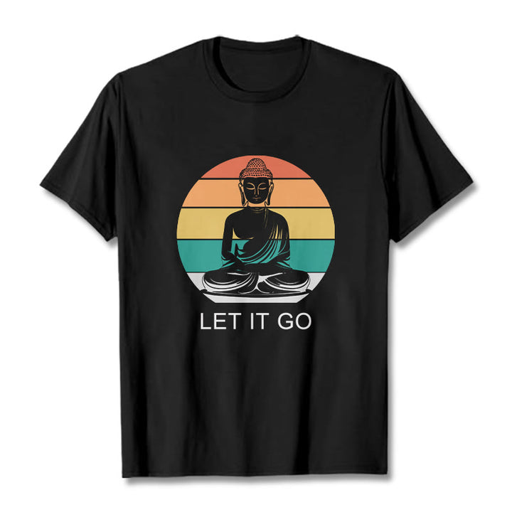 Koszulka z nadrukiem "Buddha Stones" w paski, swobodna, kolorowa, z motywem medytującego Buddy - Czarny - 2XL - image 4