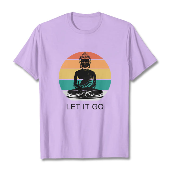 Koszulka z nadrukiem "Buddha Stones" w paski, swobodna, kolorowa, z motywem medytującego Buddy - Śliwka - 2XL - image 17