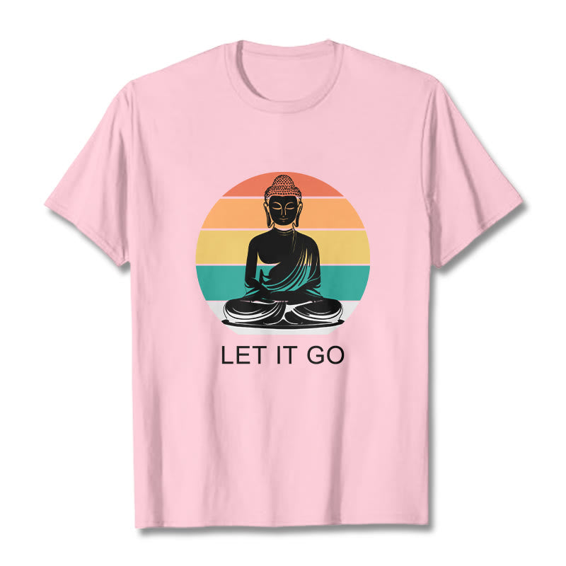 Koszulka z nadrukiem "Buddha Stones" w paski, swobodna, kolorowa, z motywem medytującego Buddy - Jasnoróżowy - 2XL - image 13