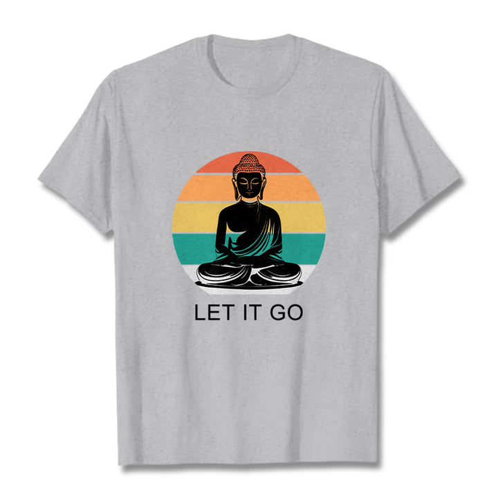 Koszulka z nadrukiem "Buddha Stones" w paski, swobodna, kolorowa, z motywem medytującego Buddy - Jasnoszary - 2XL - image 20