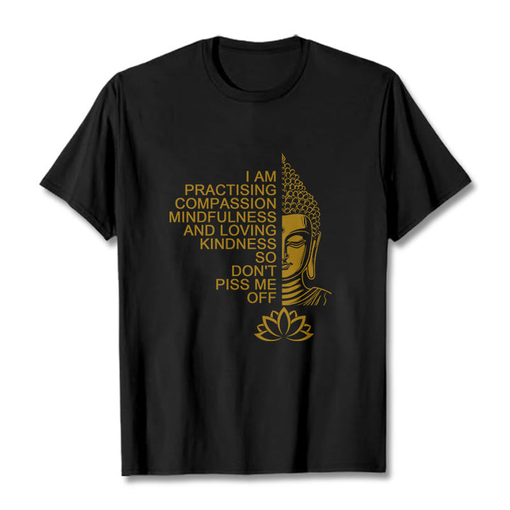 Koszulka z nadrukiem Buddha Stones Casual Golden Side Budda Lotus Flower Pattern Cotton Tee - Czarny - 2XL - image 5