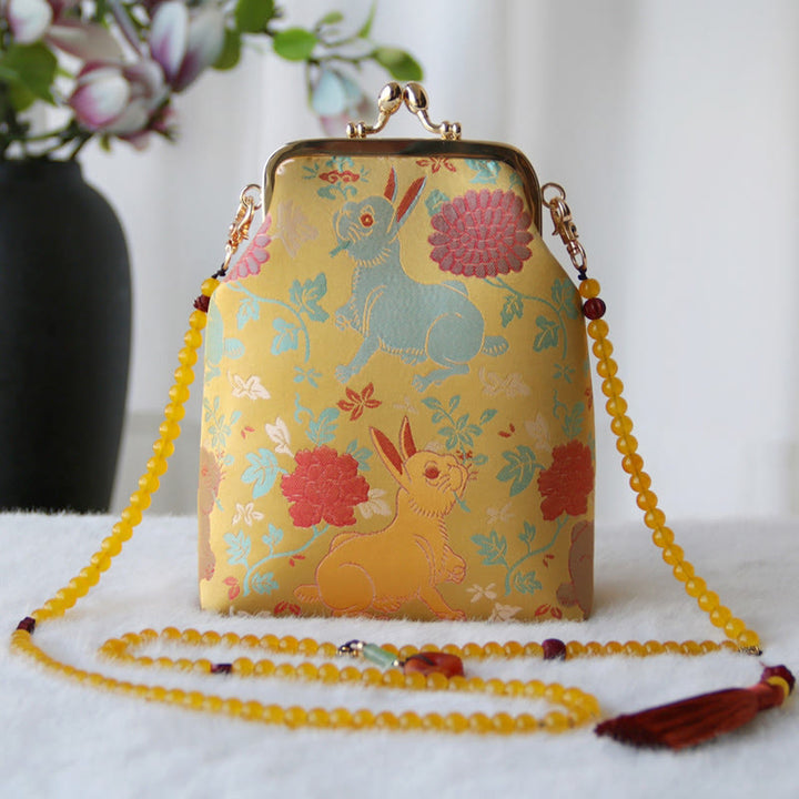 Buddha Stones Retro Chiński Haft Perłowy Łańcuch Torba Crossbody Torba Na Ramię - Żółty Królik Czerwony Kwiat 14*6*18cm - image 14