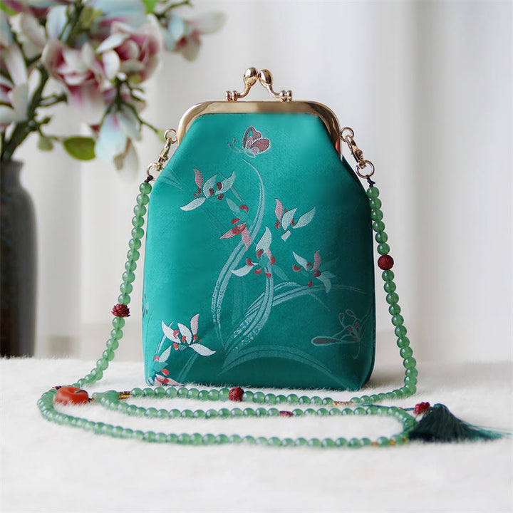 Buddha Stones Retro Chiński Haft Perłowy Łańcuch Torba Crossbody Torba Na Ramię - Zielony motyl storczyk motyl 14*6*18cm - image 28