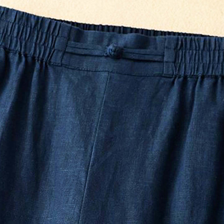 Damskie spodnie z szerokimi nogawkami i kieszeniami, bawełniane, z elastycznym pasem w jednolitym kolorze i guzikami w kształcie żaby, z Buddha Stones - image 10