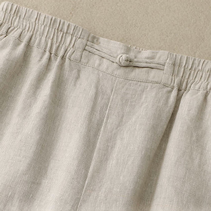 Damskie spodnie z szerokimi nogawkami i kieszeniami, bawełniane, z elastycznym pasem w jednolitym kolorze i guzikami w kształcie żaby, z Buddha Stones - image 12