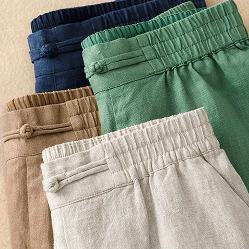 Damskie spodnie z szerokimi nogawkami i kieszeniami, bawełniane, z elastycznym pasem w jednolitym kolorze i guzikami w kształcie żaby, z Buddha Stones - image 18