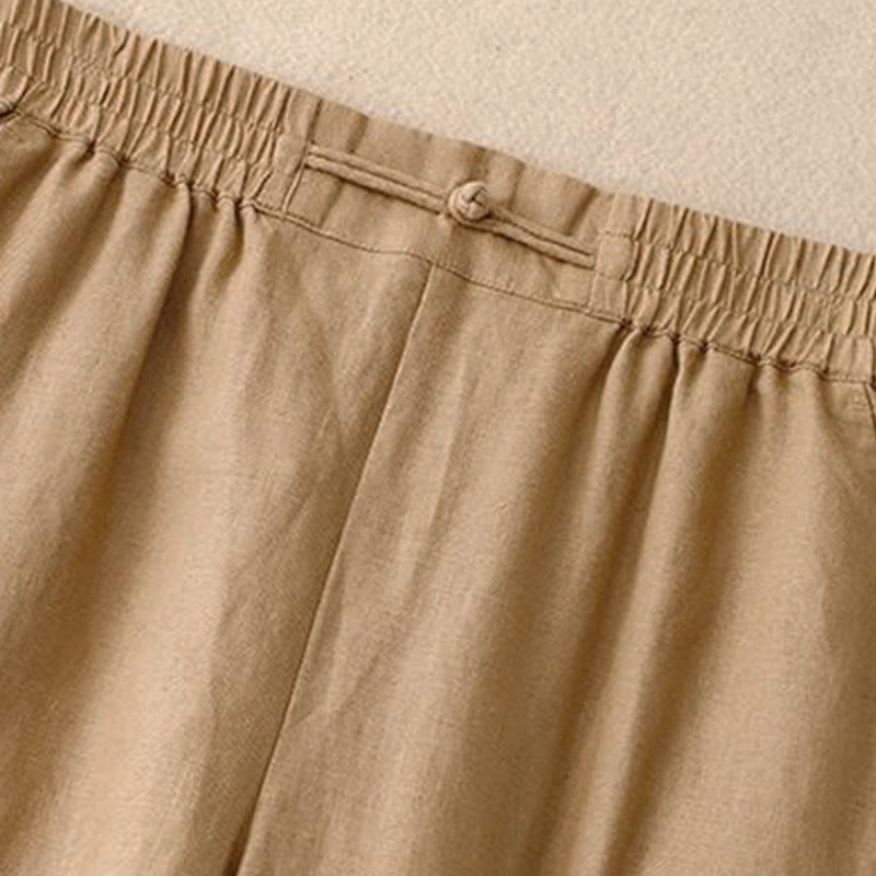 Damskie spodnie z szerokimi nogawkami i kieszeniami, bawełniane, z elastycznym pasem w jednolitym kolorze i guzikami w kształcie żaby, z Buddha Stones - image 5