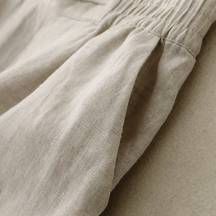 Damskie spodnie z szerokimi nogawkami i kieszeniami, bawełniane, z elastycznym pasem w jednolitym kolorze i guzikami w kształcie żaby, z Buddha Stones - image 15