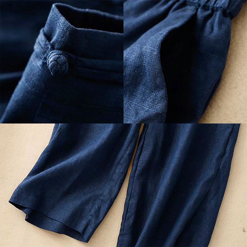 Damskie spodnie z szerokimi nogawkami i kieszeniami, bawełniane, z elastycznym pasem w jednolitym kolorze i guzikami w kształcie żaby, z Buddha Stones - image 9