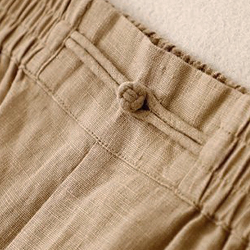 Damskie spodnie z szerokimi nogawkami i kieszeniami, bawełniane, z elastycznym pasem w jednolitym kolorze i guzikami w kształcie żaby, z Buddha Stones - image 4