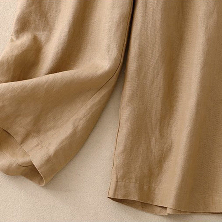 Damskie spodnie z szerokimi nogawkami i kieszeniami, bawełniane, z elastycznym pasem w jednolitym kolorze i guzikami w kształcie żaby, z Buddha Stones - image 7